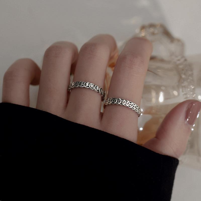 Retro Wind Cold Wind Ring Adjustable Geometric Cutting Round Retro Lucky Coin Copper Coin Ring Tide