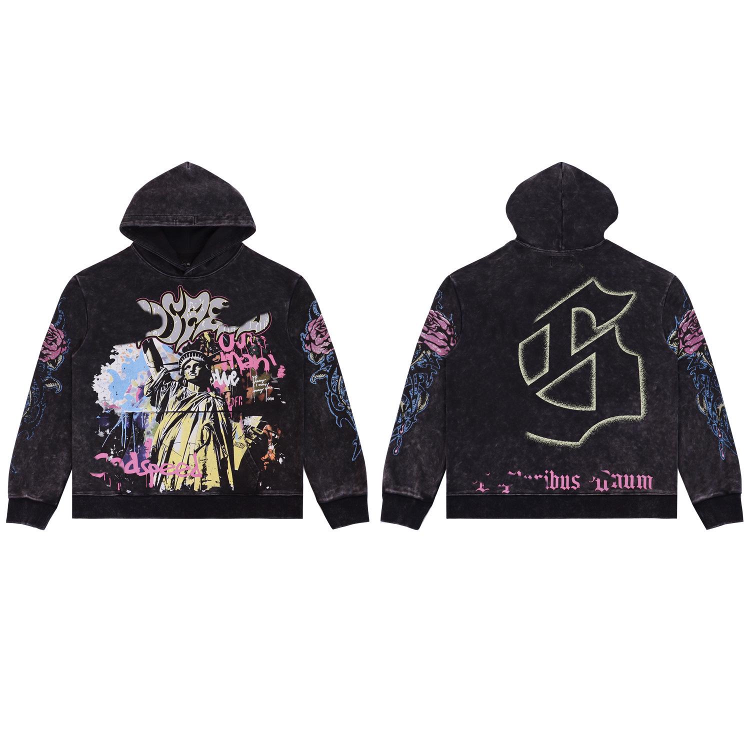 Свободный мужской худи Godspeed с принтом выцветшего здания - Европейский и американский тренд S промывают черный