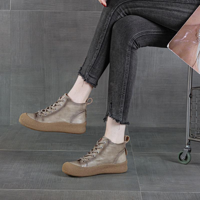 Retro First-layer Cowhide High-top Board Shoes Autumn New Leather Wear-resistant Casual Versatile Platform Women's Shoes