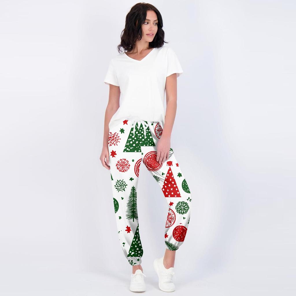 Dames Kerst Print Casual Joggingbroek met Elastische Tailleband en Manchetten