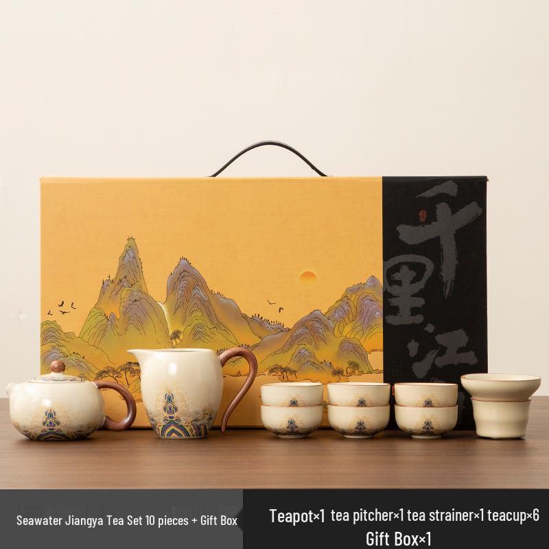 High-End Ru Kiln Ceramic Kung Fu Tea Set - Luxury Gaiwan Teapot, Tray, and Cups for Home.