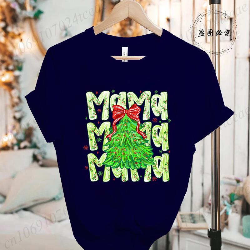 Women Fashion T Shirt Christmas Mama Print Funny Tops Womens Casual TShirt Christmas Holiday Xmas Party Tee Aesthetic Clothes