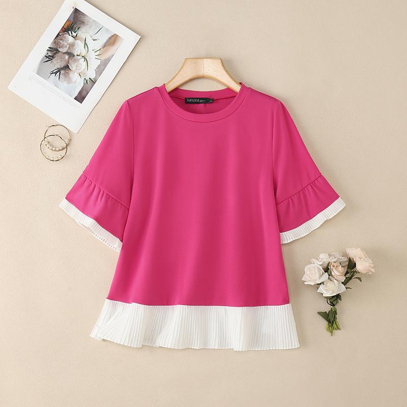 

ZANZEA Женская повседневная летняя блузка с круглым вырезом и коротким рукавом 4XL темно-розовый