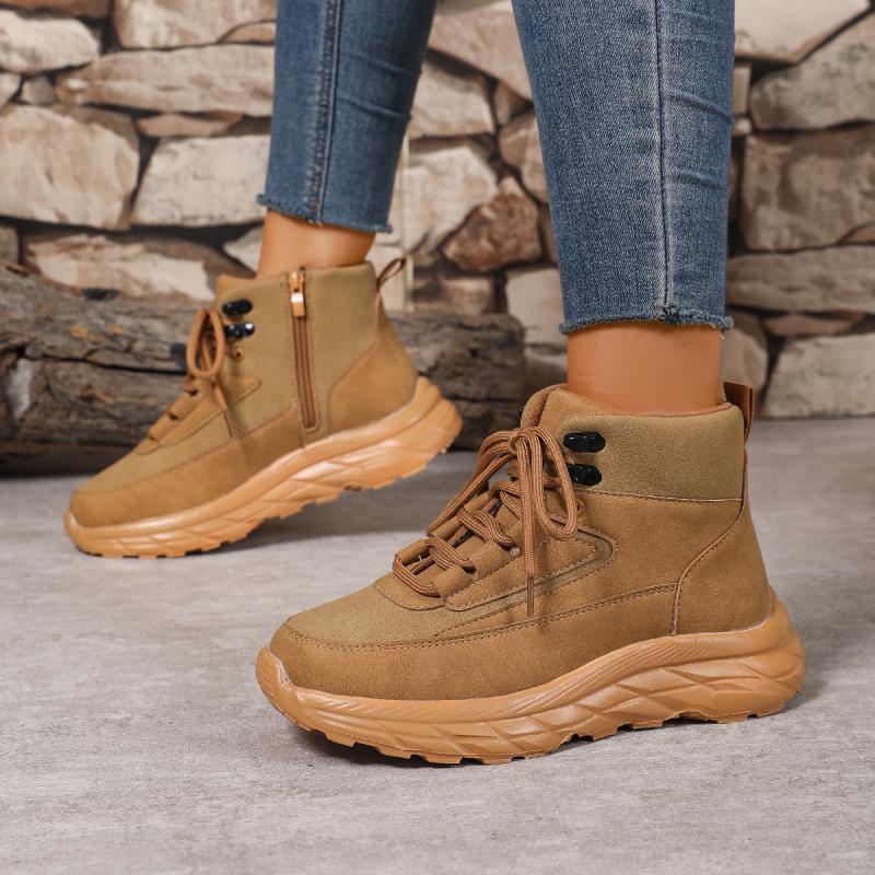 Casual Solid Lace Up Decoration Non Slip Hiking Shoes Women 2025 Autumn Round Toe Thick Bottom Sneakers Soft Sole Sports Shoes