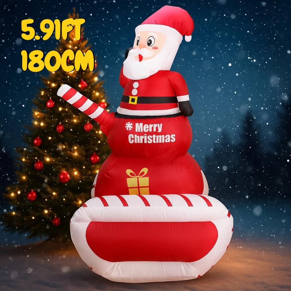 5.91FT Inflatable Toy Santa Candy Cane Sleigh LED Tank Festive Gift Xmas Decoration for Yard Christmas Supplies Home Decoration