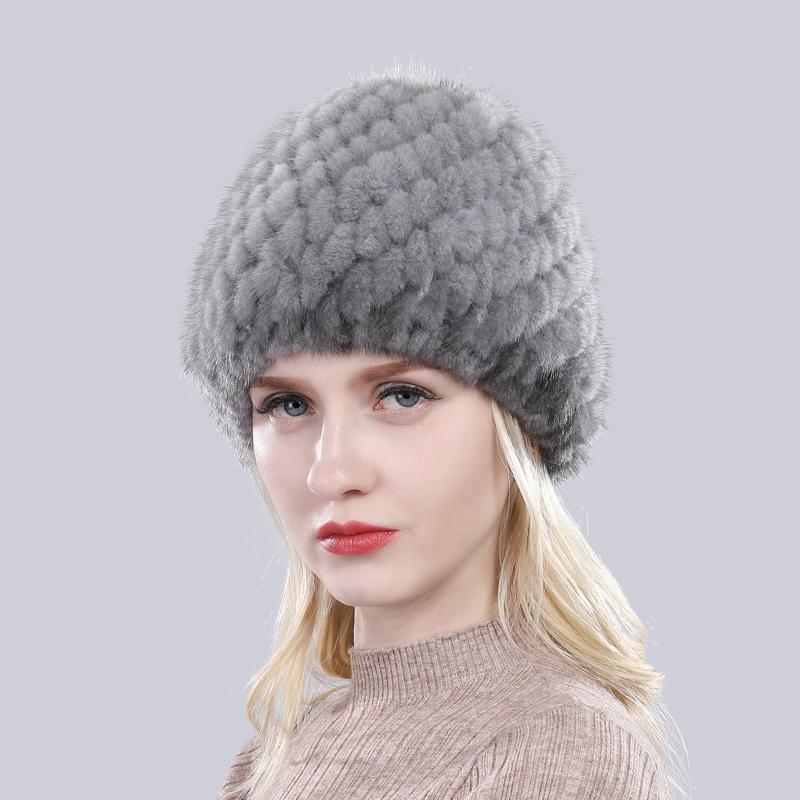 Winter women outdoor keep warm real mink fur hats Natural knitted mink fur cap Lady Good elasticity 100% genuine mink fur hat
