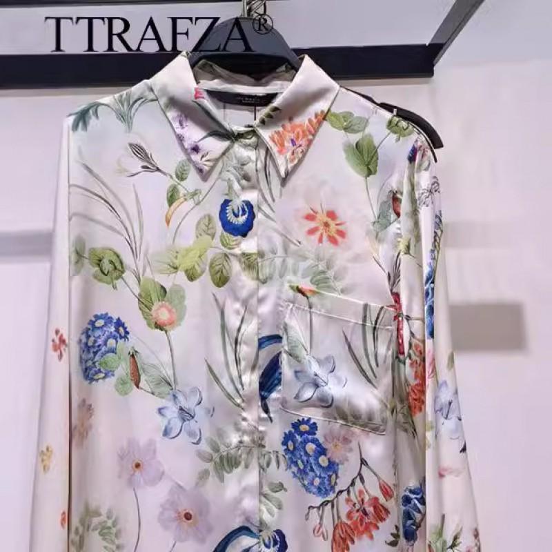 Womens Floral Print Long Sleeve Button-Up Shirt Loose Fit Casual Elegant Top