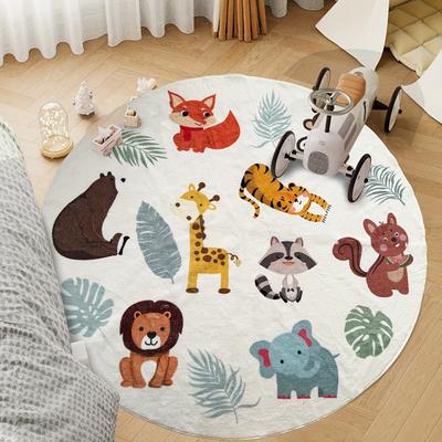 Soft Round Floor Mat - Cartoon Animal Design with Fox Giraffe Lion, Washable Comfortable Area Rug for Bedroom Nursery