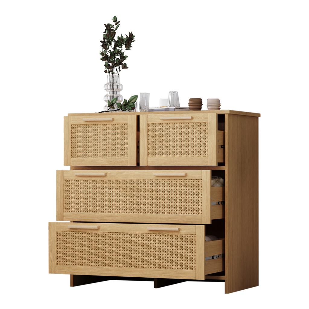 Hochwertiger Rattan-Schrank mit 4 Schubladen und Griffen aus Massivholz - Geeignet für Schlafzimmer, Wohnzimmer, Esszimmer, Flur - Maße: B80/H80/T38 cm
