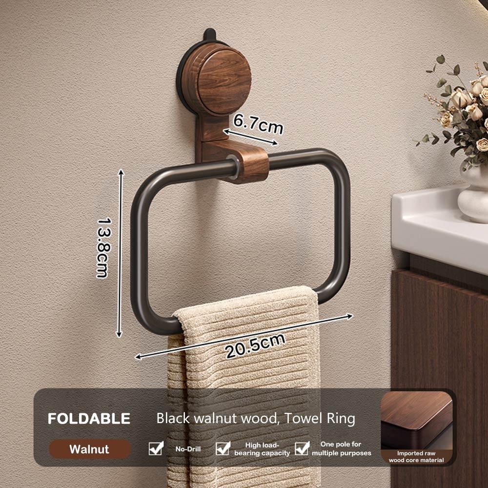 No-Drill Towel Holder Walnut Wood+Aluminium Towel Hanging Rack Suction Cup Towel Ring  Bathroom