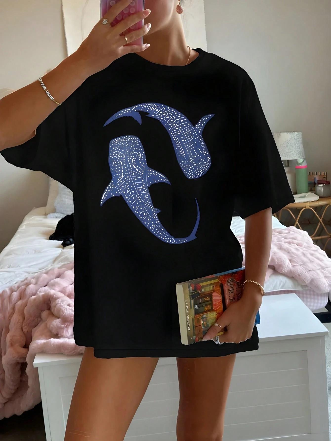 

Blue Whale Shark Simple Printing T-Shirts Women Summer Tops Comfortable O-Neck T Shirt Fashion Casual Women Clothes Popular M