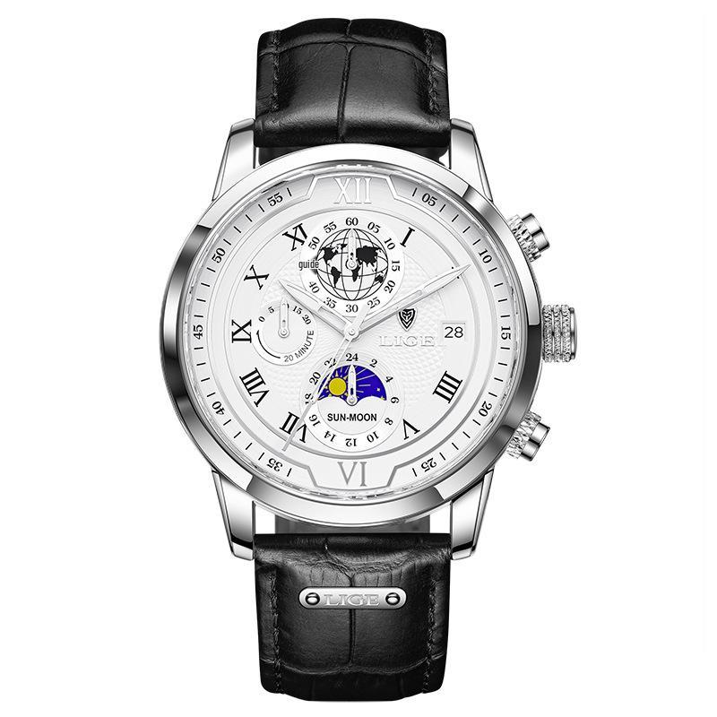 LIGE Men's Quartz Multifunctional Waterproof Watch - Three-Eye Six-Hand Design