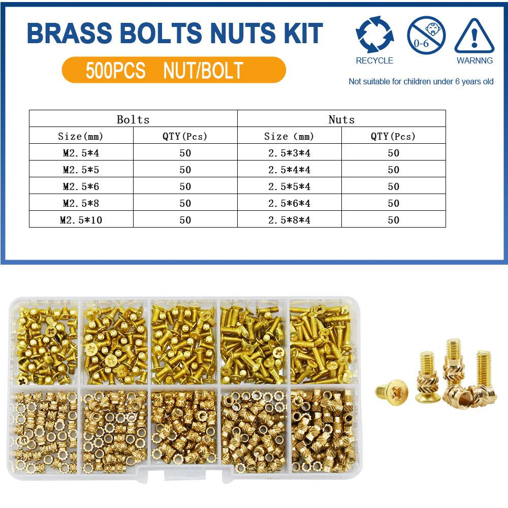 M2 M2.5 M3 M4 M5 Metric Threaded Insert Brass Nuts Bolts Set Countersunk Head Screw Hot Melt Heating Knurled Injection Nut Kits