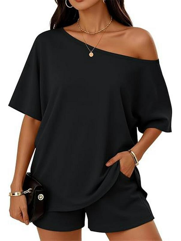 2026 Spring/Summer Off-the-Shoulder Casual Solid Color Two-Piece Set XS