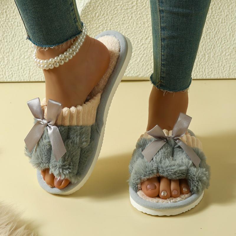 Home Slippers Flat-bottomed Slippers Women's Outer Wear Bow Cotton Slippers Outer Wear Trendy Non-slip Slippers