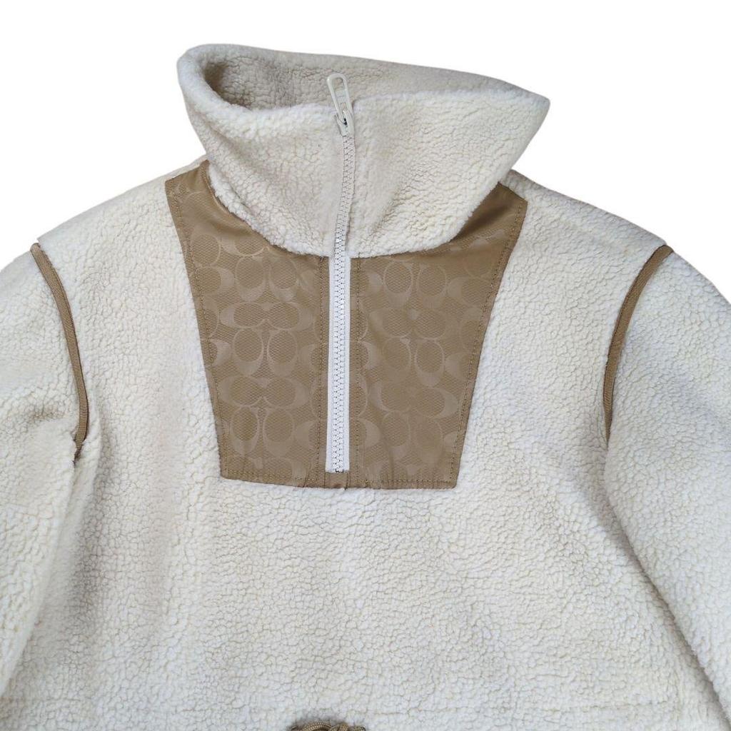 Coach Signature Pattern High Neck Fleece Boa Jacket Ivory Size S Mens