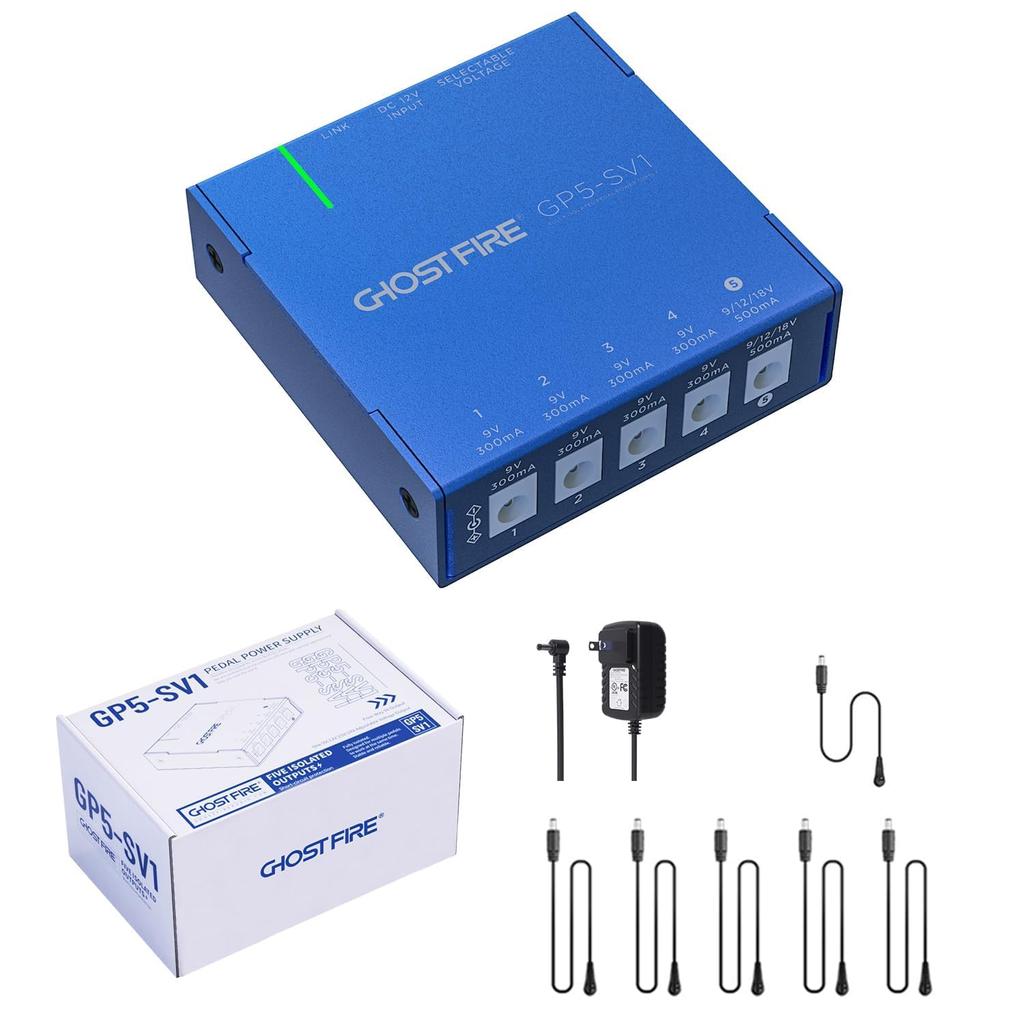 GHOSTFIRE Effector Power Supply 5 Channel Fully Isolated Power Supply Short Circuit Protection DC Adjustable Low Noise with Cable for Guitar Effector