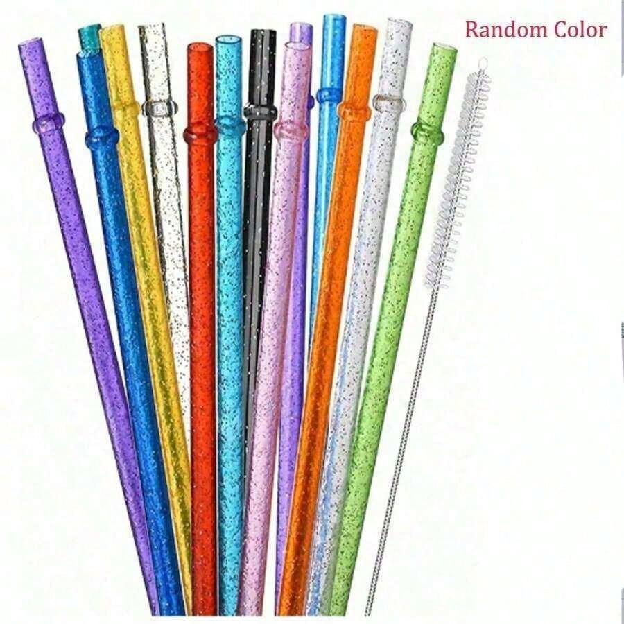 11/11PC Reusable Pure Color Belt Glitter Gold Powder Plastic Tube Thickened and Hard Party Creative Reusable Colorful Straw