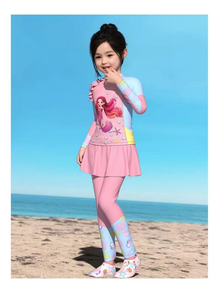New Girls' Long Sleeve Two-Piece Swimsuit for Toddlers and Kids with CPC Certification