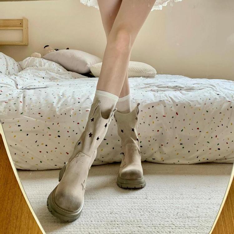 Do poloviny lýtek Léto Moderní Kozačky Čtvercový podpatek Boty na středním podpatku Dámské Vysoce kvalitní nazouvací kulaté špičky Pevné punkové Dámské kozačky Q129