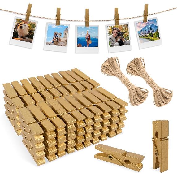joycraft Mini Wooden Clothesp with String - 100Pcs Brown Craft Clips, 1.4 in Photo Holder Hanging Clips for DIY Craft, Wedding Party Decor, Classroom