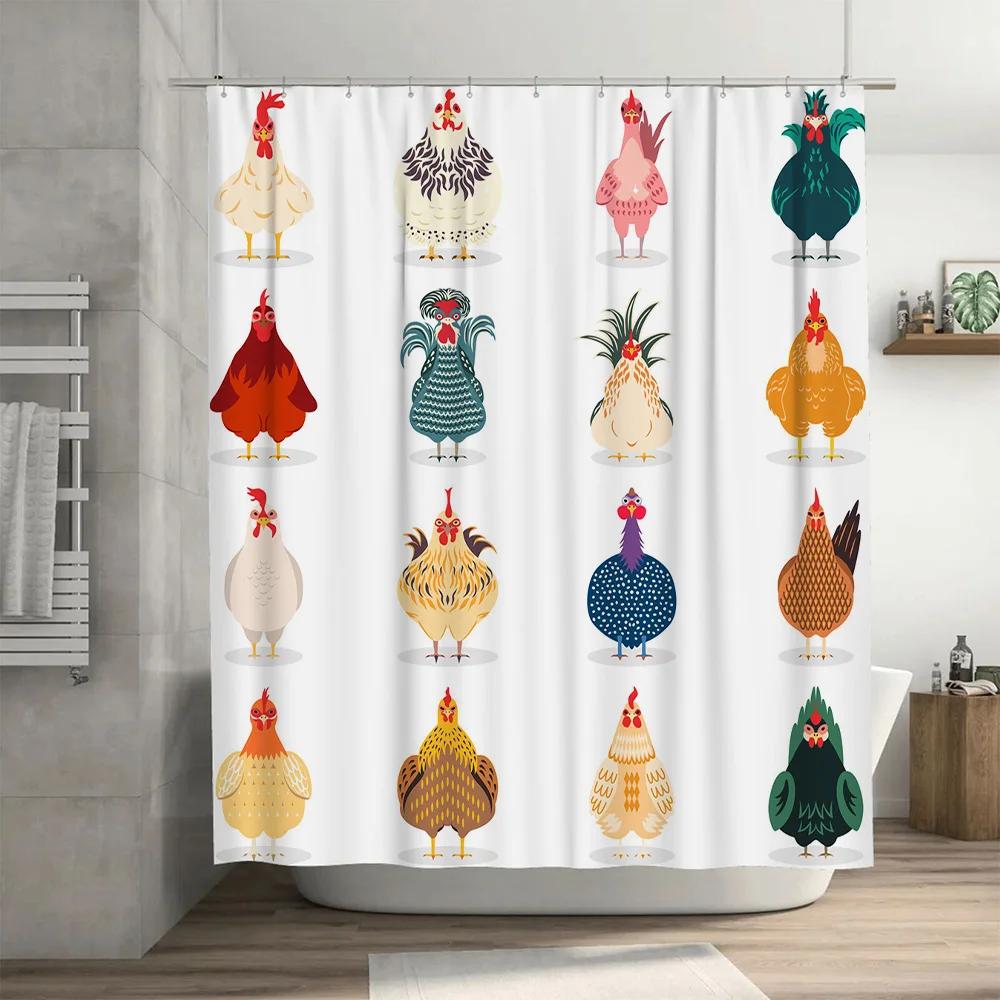 Chicken-themed Shower Curtain Set with 12 Designs Featuring Roosters and Hens In Various Colors and Styles for Bathroom Decor, E