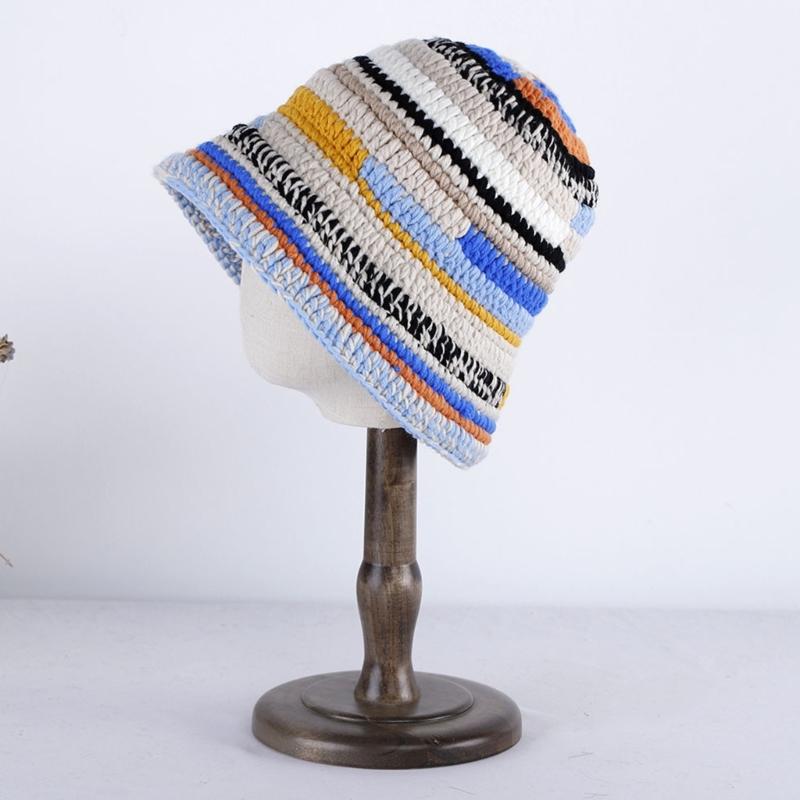 Popular Female Hat Knitting Bucket Hat Handmade Crochet Rainbow Fisherman Hat Women Girl Photo Beanie Warm Striped Cap