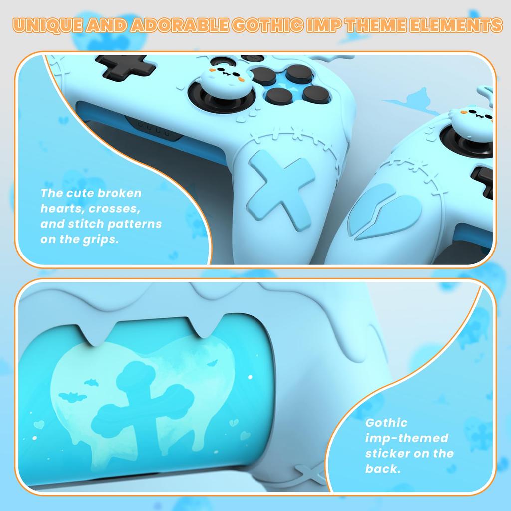 PlayVital Gothic Imp Series Cute Silicone Protective Cover for Switch Pro Includes 4 Thumb Grips and 2 Grip Silicone Cover Controller, Stickers,