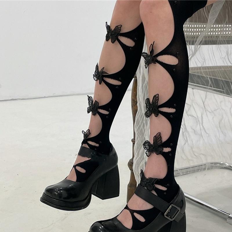 Butterfly in The Socks for Women Lolita Design Hollow Out Summer Stockings Street Thigh Long Socks Black Beige JK Over Knee Sock