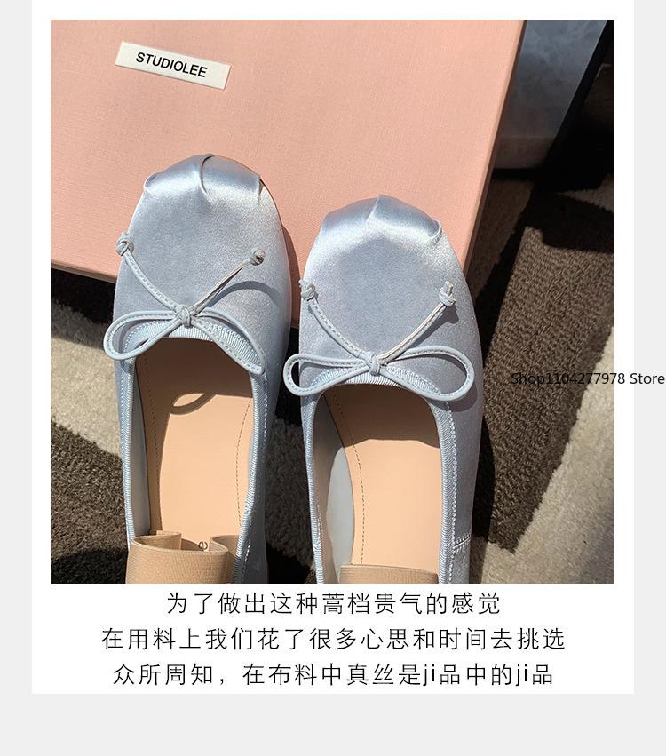 Fashion Plus Size 43 42 Luxury Satin Silk Ballet Shoes Woman Classic Square Toe Bowtie Elastic Band Ballerina Flats Ladies Soft Loafers