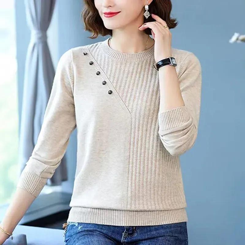 Damen Frühling und Herbst Locker Dünn Passender Innenstrickpullover Rundhals Überzieher Basisoberteil