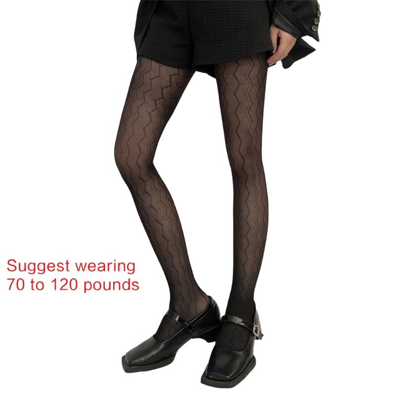 Women Sexy Sheer Tights Vertical Striped Jacquard Patterned Fishnet Stockings Hollow-Out Mesh Black Pantyhose Leggings