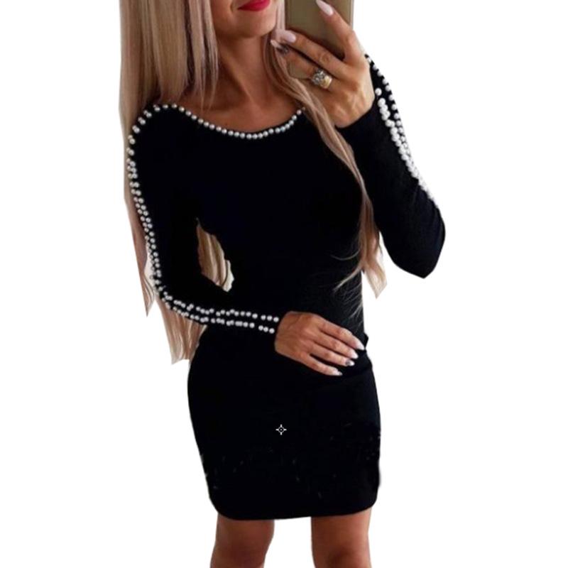 Jesień/Zima Europejska i Amerykańska Wyszczuplająca Sukienka A-line z Koralikami Bodycon - Długi Rękaw, Seksowny Krój