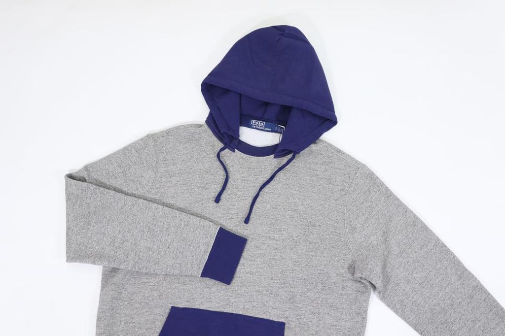 Polo Ralph Lauren Vintage Pullover Sweatshirt with Attached Size Men's Two-Tone Hood, M, GRHTR/NVY (Product Code 01020155)