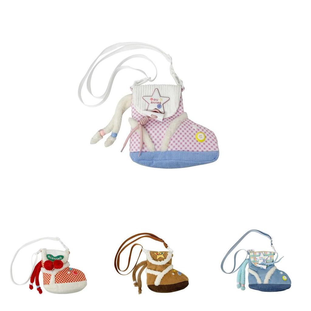 Plush Cartoon Shoe Shaped Shoulder Bag For Girls With Zipper Closure And Inner Pouch