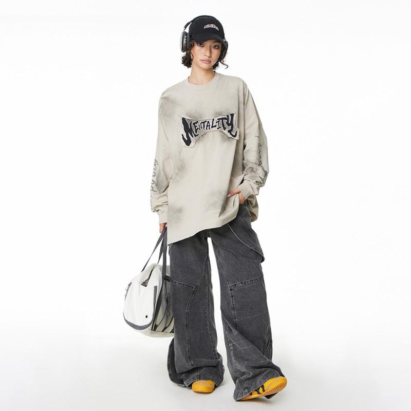American Vintage Distressed Long Sleeve Sweatshirt Loose Fit Embroidered Patch Teenagers