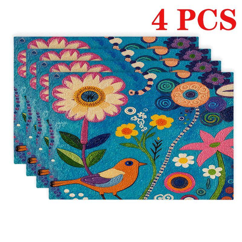 4/6 Stück Rechteckige Tischsets Geeignet für Esstisch & Küchen Dekoration - Floraler Vogel Druck Hitzebeständige Tischschoner 4pcs