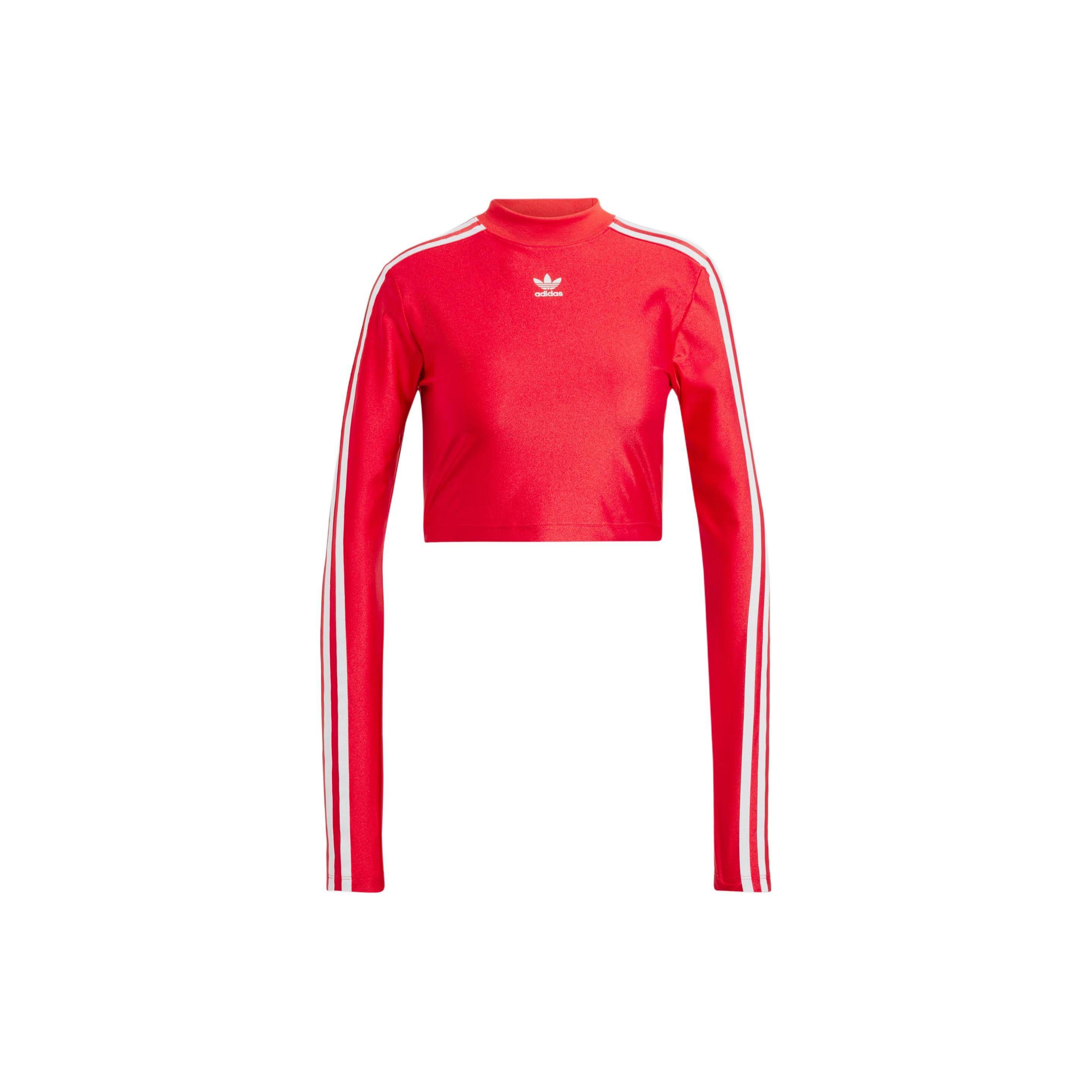 

adidas Originals Women s 3-Stripes Cropped Long Sleeve T-Shirt Red White Female IR8132 XS