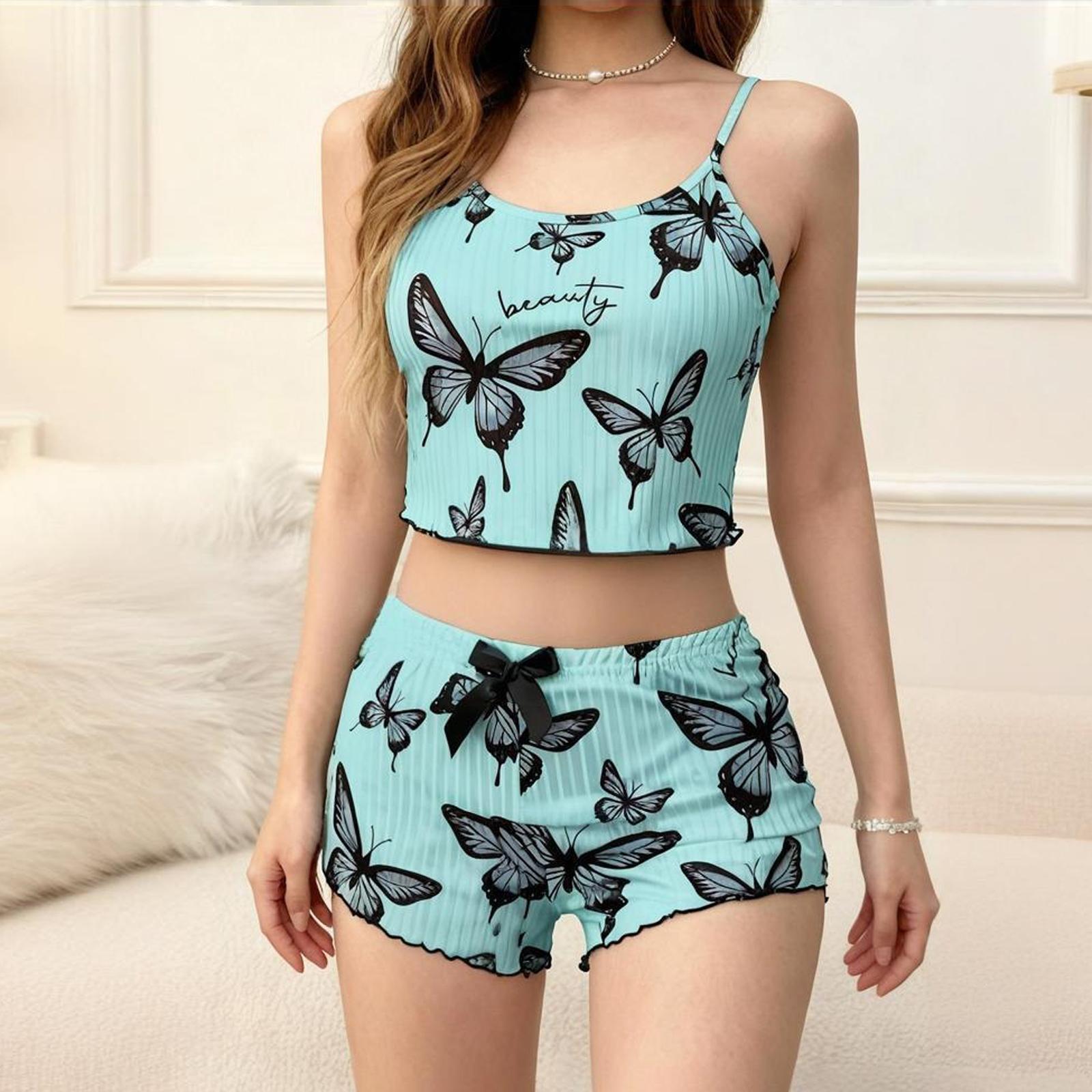 

Women Soft 2 Piece Pajamas Set Sleeveless Shorts Set Loungewear Sets Pyjamas Nightwear M зелений