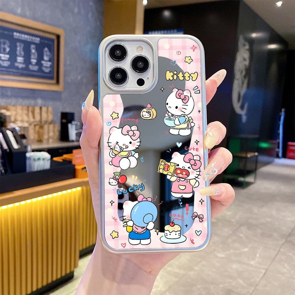 ins wind powder grid Kitty mirror iPhone16 mobile phone case Apple 17 cute makeup mirror mobile phone case 13pm