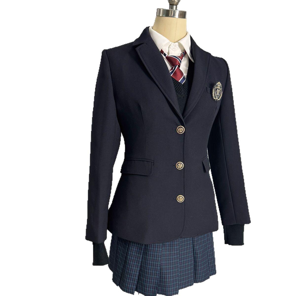 

Приталена темно-синя форма JK з квіткою кота - Шкільний стиль на три ґудзики для весни та осені Small