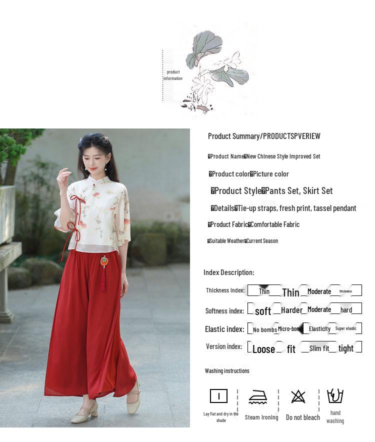 Retro-Print Chiffon Tang-Anzug & Hanfu Weitbein-Hosen-Set für Damen – Frühjahr/Sommer-Kollektion