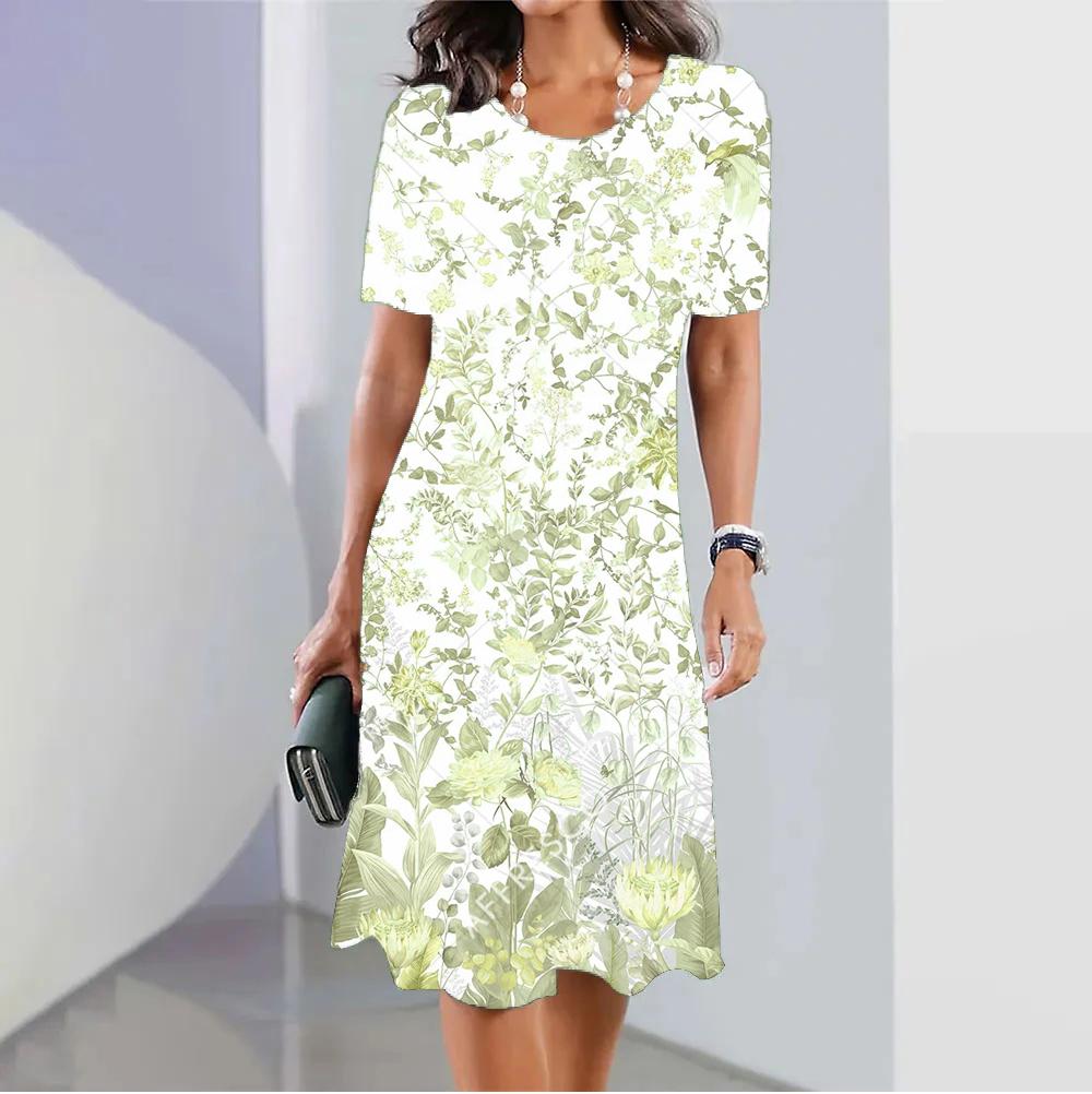 

Жіночі міні-сукні Літні фіолетові трояндові сукні з короткими рукавами Повсякденна мода з круглим вирізом Вільний жіночий новий одяг з 3D-принтом 2XL