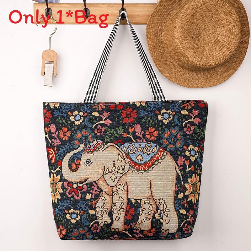 Elephant Hello Kitty Butterfly Embroidered Canvas Tote Bag With Seamed Stitching For Daily Use