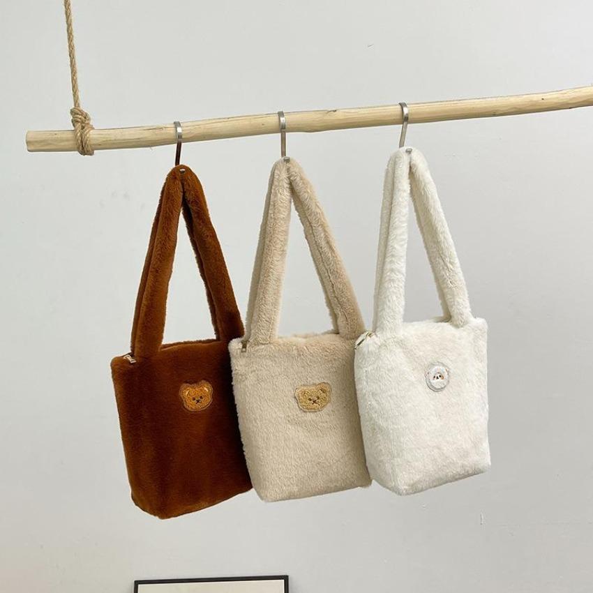 Soft Plush Bag Bucket Bag Large Capacity Zipper Shoulder Bag Handbags Women Fashion Shopping Autumn and Winter Little Bear