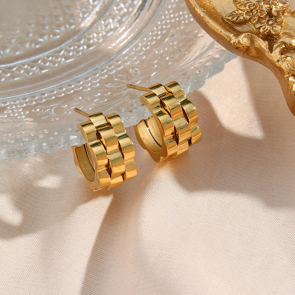 Punk Stainless Steel Strap Textured CC Earrings Cool Gold and Silver Mixed Color 18K Gold Plated Waterproof Earrings for Women
