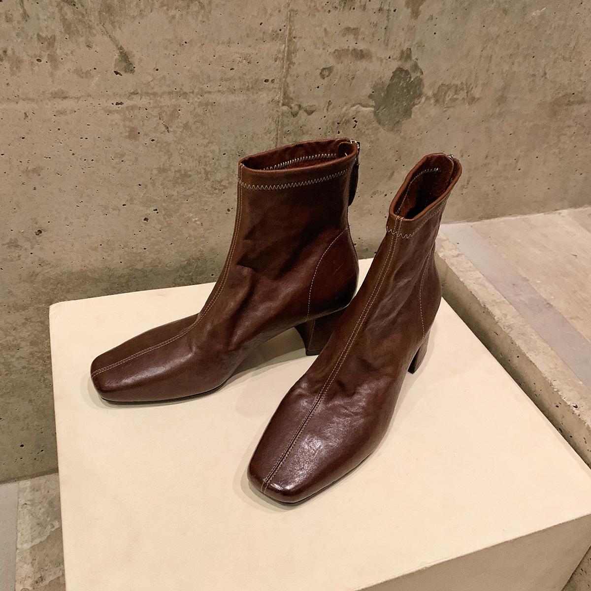 

Зимние новые тонкие ботильоны с узором из вымытой лошадиной кожи в стиле ретро, короткие женские кожаные ботинки на задней молнии, ботинки с квадратным носком, женские универсальные 40 коричневый