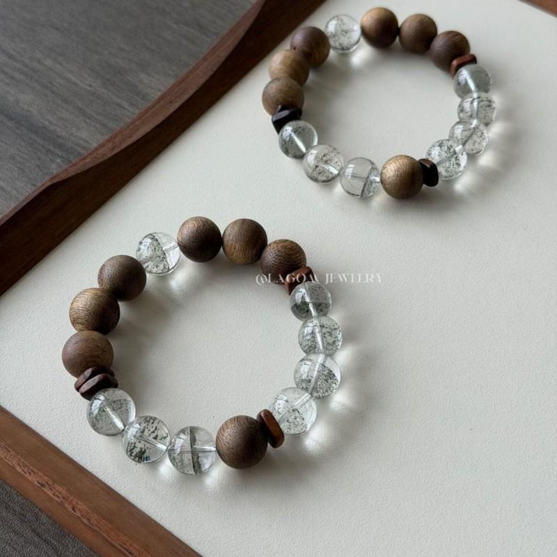 Natural Green Phantom Crystal Bracelet With Agarwood Spacers Vintage Style Jewelry Women