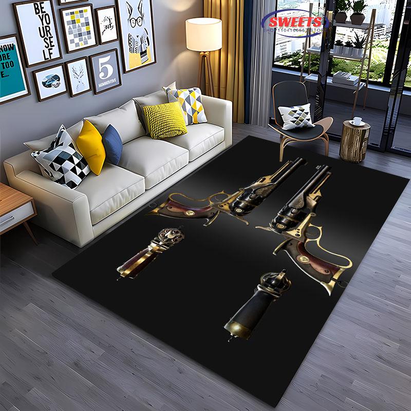 Pistolen-Themenbereichsteppich, Sturmgewehr Pistole Revolver Pistole Teppich für Wohnzimmer Schlafzimmer Sofa Fußmatte Dekor Rutschfeste Bodenmatte Geschenke