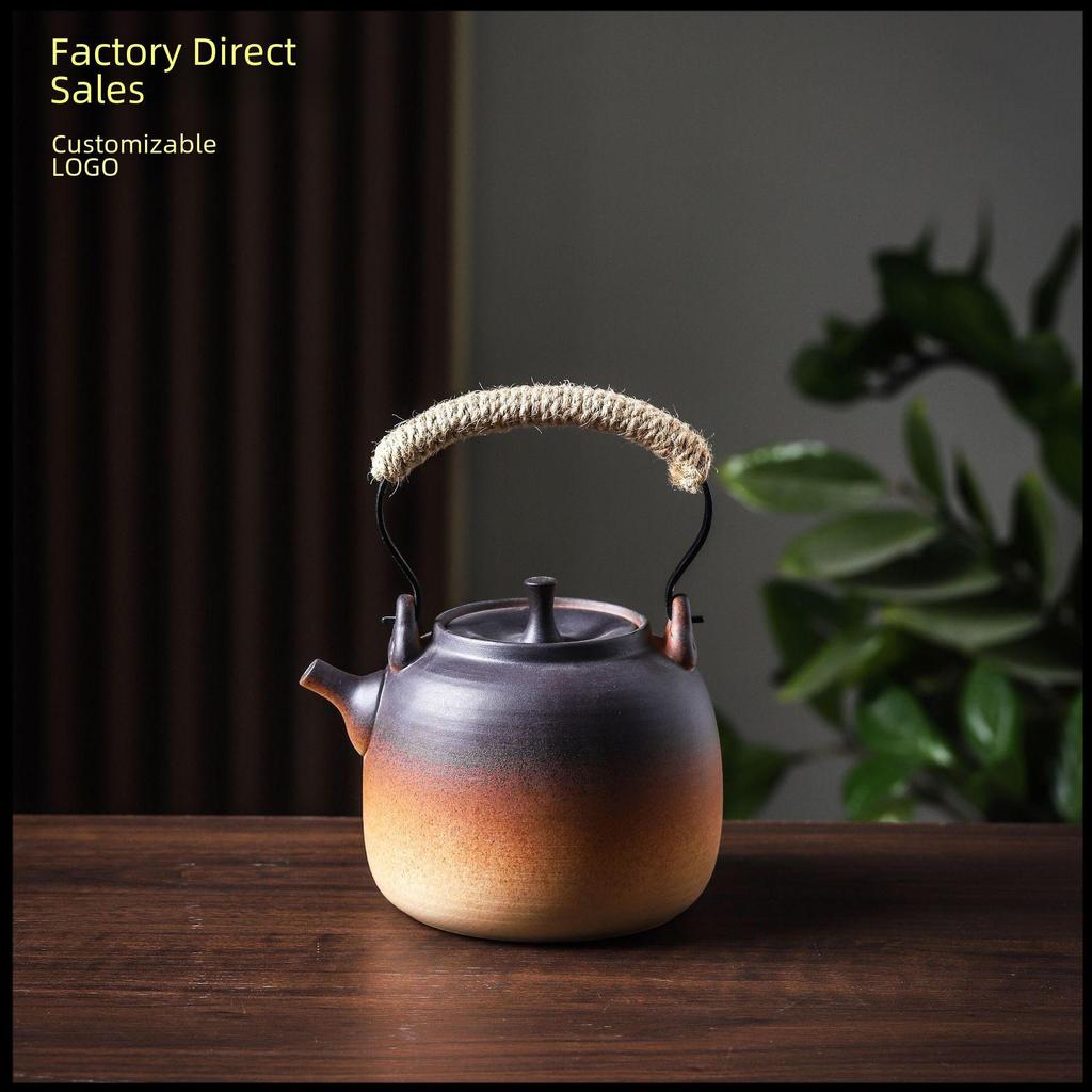 Ceramic Kung Fu Tea Set: Black Teapot with Side Handle and Charcoal Stove for Open Fire.